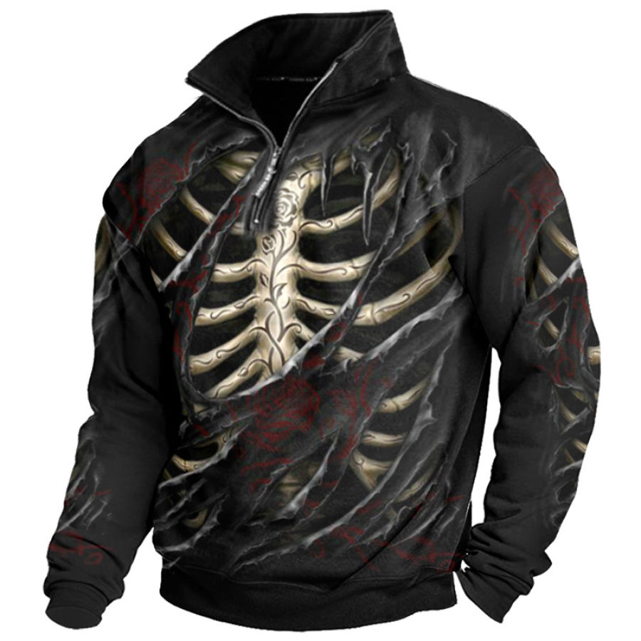

Men's Vintage Skull Bone Print Half Zip Sweatshirt