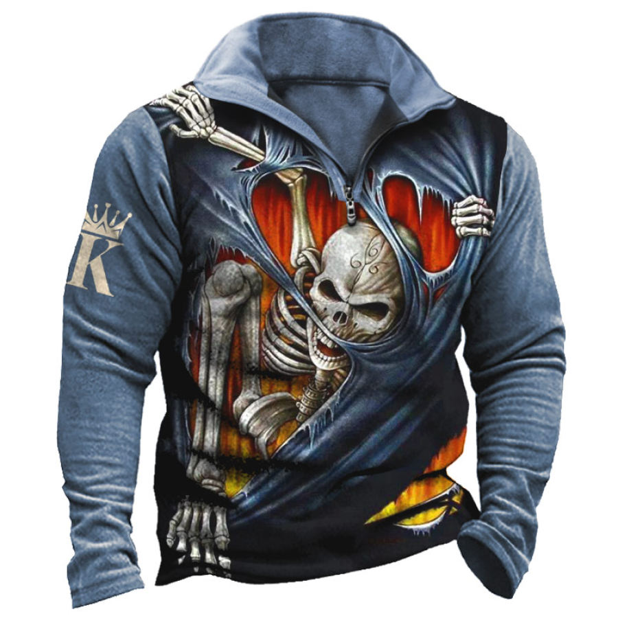 

King Men's Vintage Skull Print Half Zip Sweatshirt