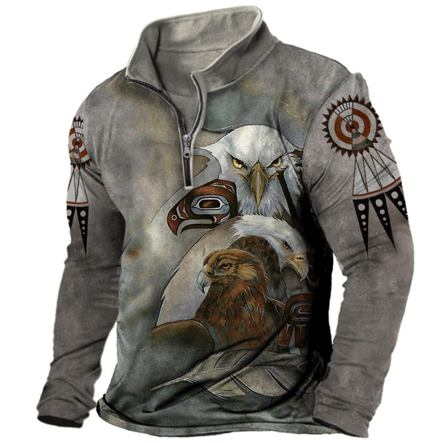 

Men's Vintage Outdoor Ethnic Eagle Print Half Zip T-Shirt