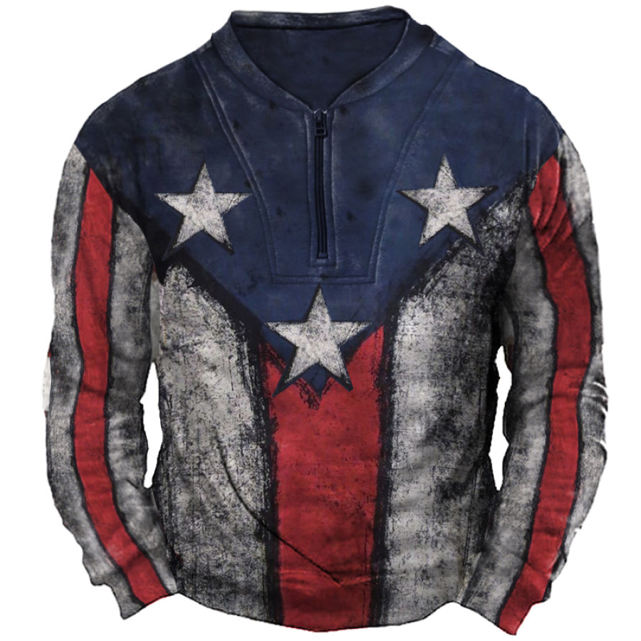 

Men's Vintage American Flag Patchwork Print Zip-Neck Sweatshirt