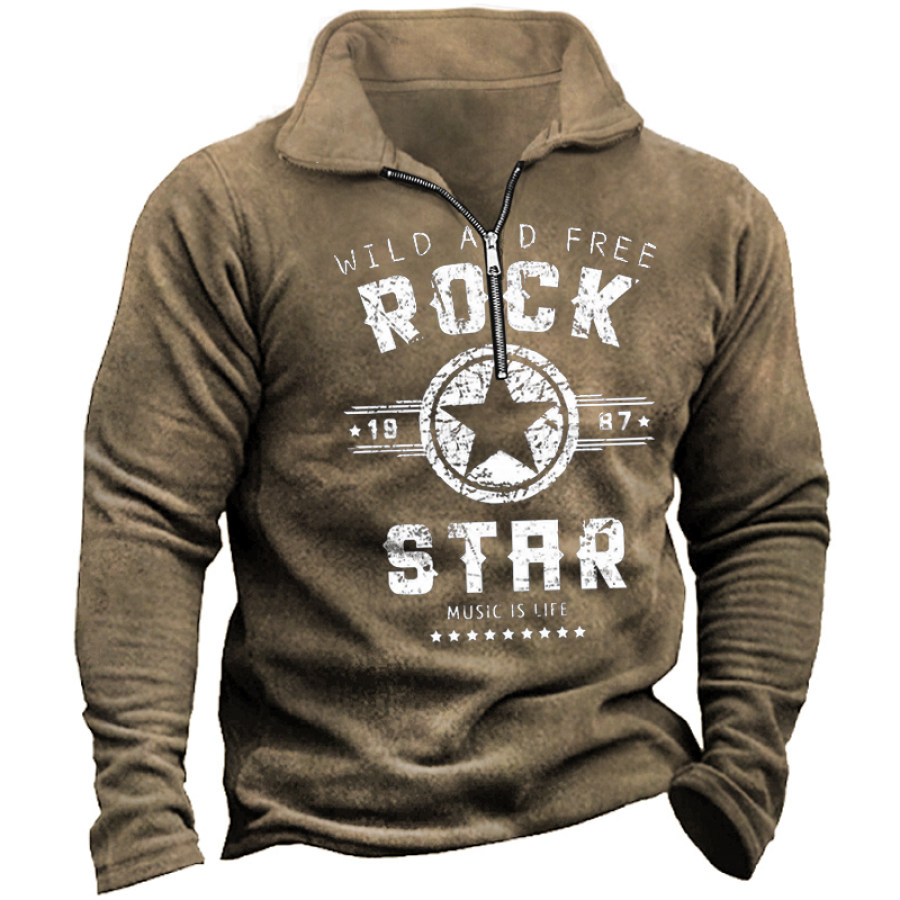 

Wild And Free Rock Star Men's Vintage Print Zip Turtleneck Sweatshirt