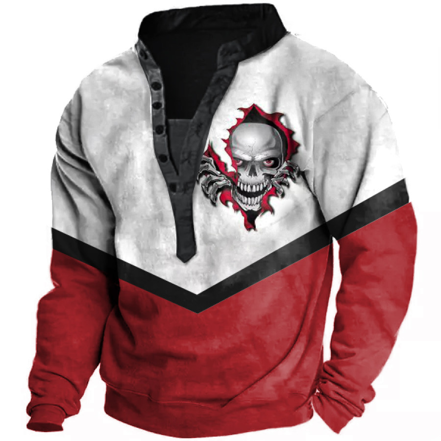 

Men's Vintage Torn Skull Print Henley Sweatshirt