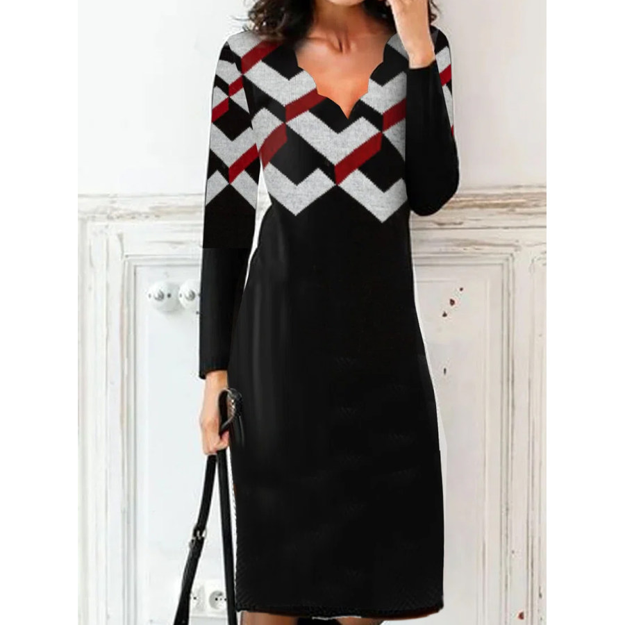 

Vintage Print V Neck Casual Long Sleeve Midi Dress