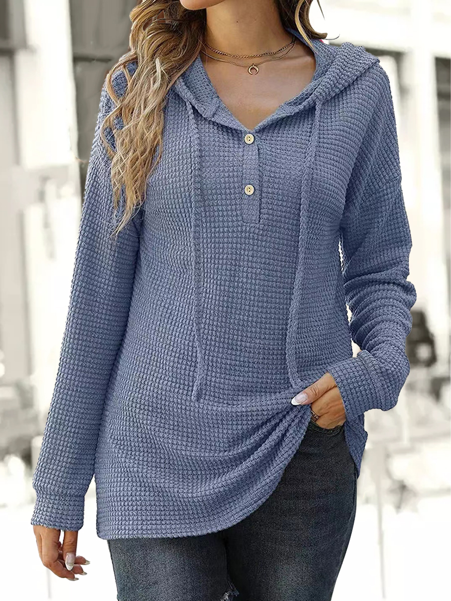 Casual Solid Color Loose Long Sleeve Button Hoodie Sweatshirt