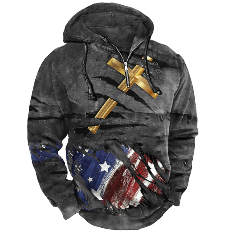 

Men's Vintage Cross American Flag Crack Hoodie