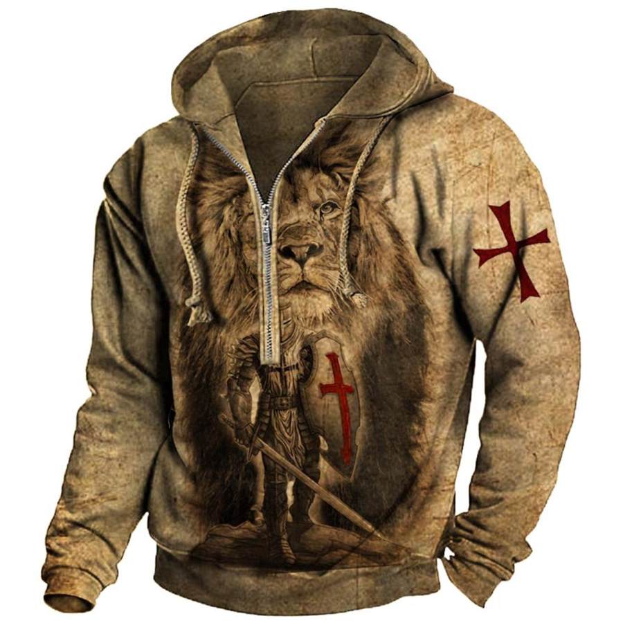 

Men's Vintage Knights Templar Lion Print Zipper Hoodie