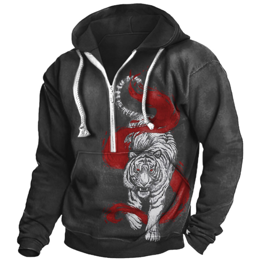 

Men's Vintage Tiger Print Hooded Pocket Sweatshirt