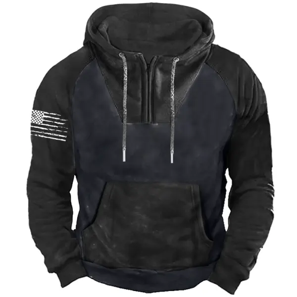 Men's Vintage Patchwork Zipper Half-turtleneck Hoodie - Kalesafe.com 