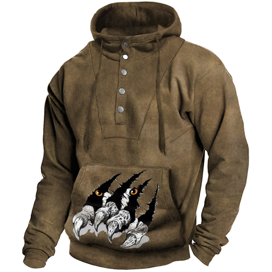 

Men's Flying Eagle Cracked Large Pocket Buttons Half-turtleneck Hoodie
