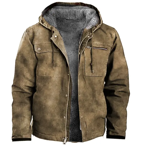 Men's Vintage Large Pocket Fleece Hooded Thick Outdoor Tactical Jacket - Sanhive.com 