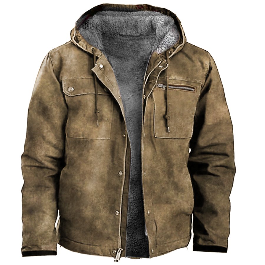 

Herren-Vintage-Fleece-Kapuzenjacke Mit Dicker Outdoor-Taktik Und Großer Tasche