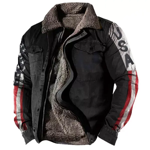 Men's Motorcycle Retro Lining Plus Fleece USA Flag Tactical Jacket - Mosaicnew.com 