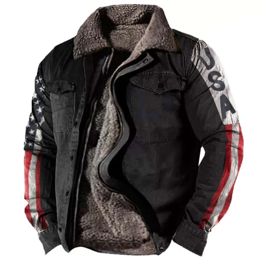 

Men's Motorcycle Retro Lining Plus Fleece USA Flag Tactical Jacket