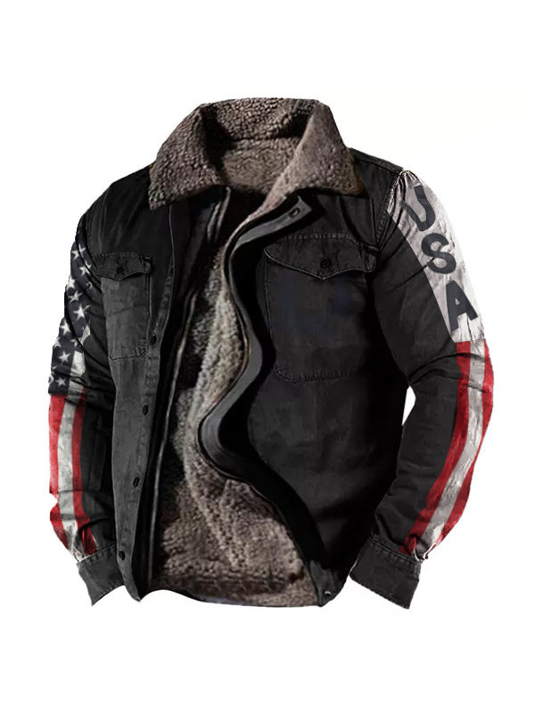 Men's Motorcycle Retro Lining Plus Fleece USA Flag Tactical Jacket