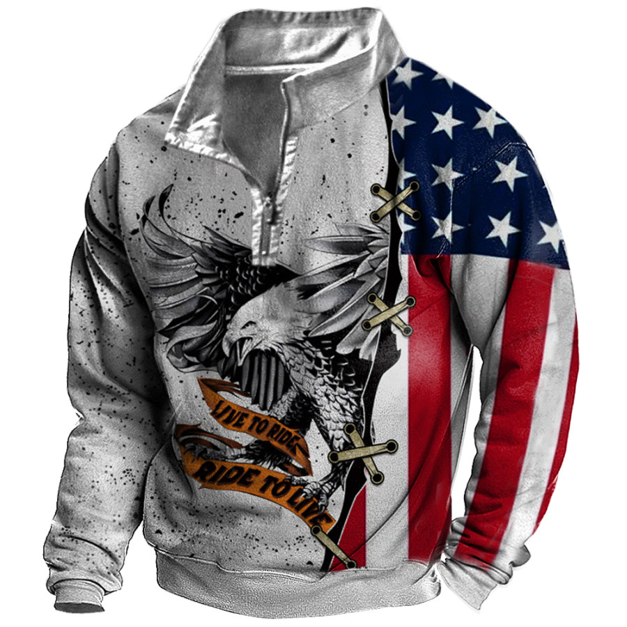 

Men's Outdoor Vintage American Flag Eagle Print Zip Sweatshirt