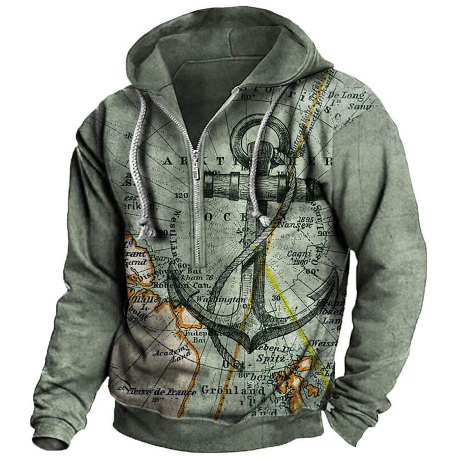 

Men's Vintage Anchor Map Print Half Zip Hoodie