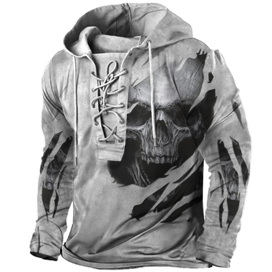 

Vintage Skull Print Lace-Up Hooded Long Sleeve T-Shirt