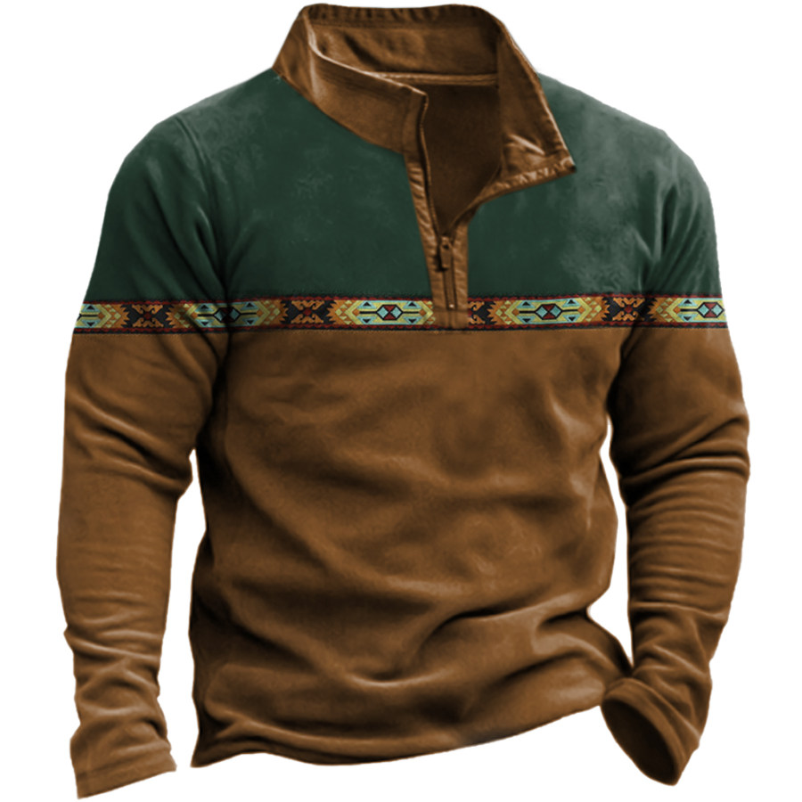 

Men's Retro Colorblock Western Print Zip Up Collar Sweatshirt