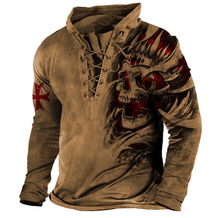 

Men's Vintage Skull Print Lace-Up Hoodie T-Shirt