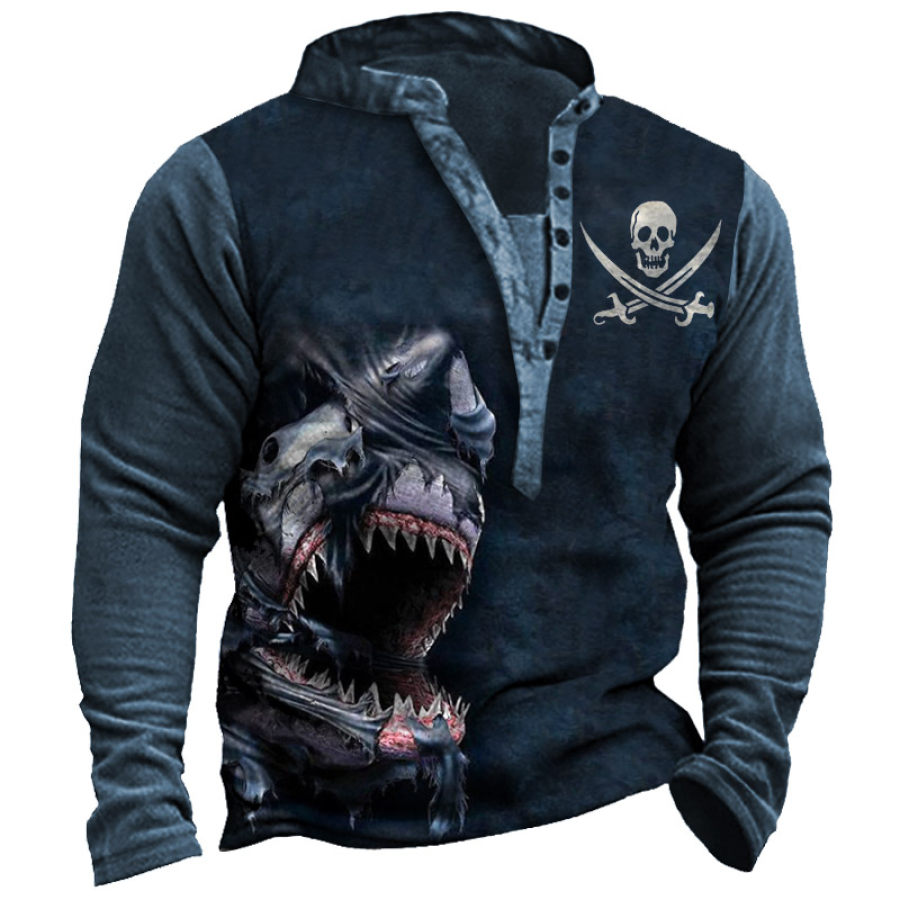 

Men's Retro Ghost Shark Skull Print Henry Sweatshirt