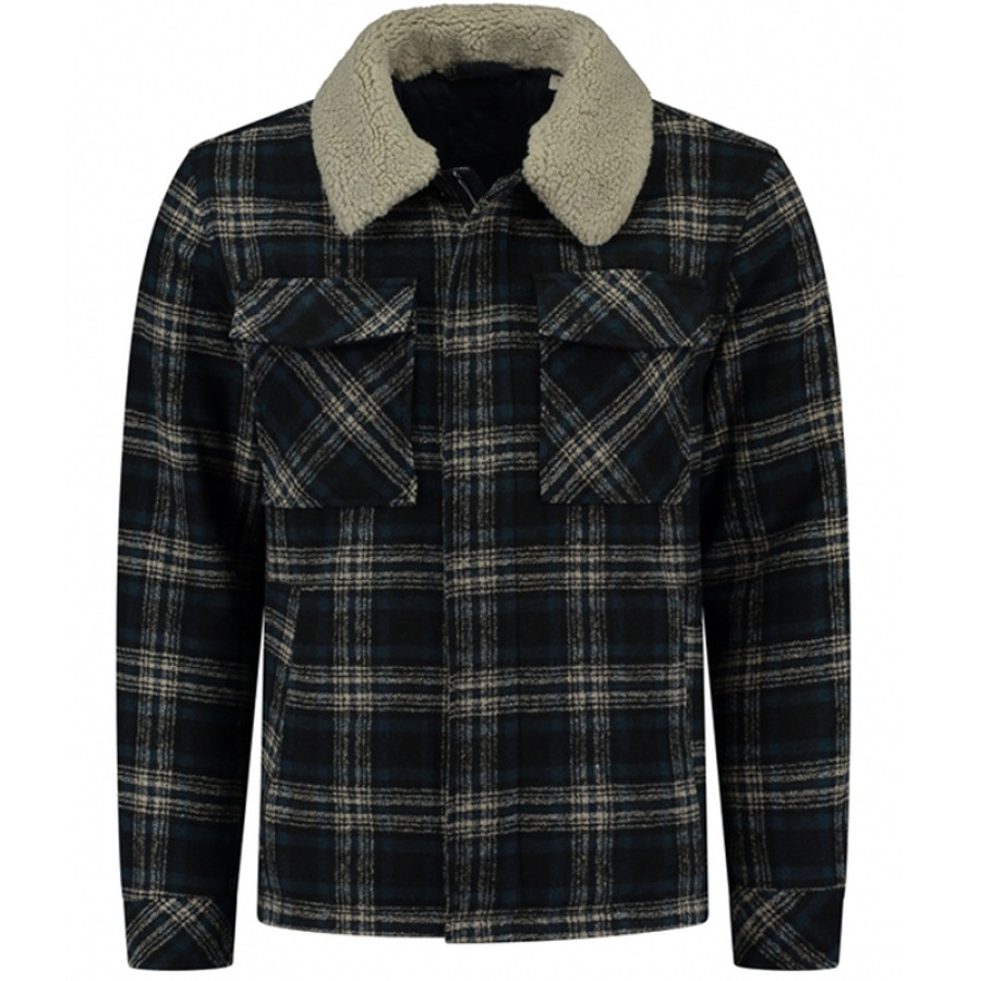 

Men's Vintage Plaid Print Multi-pocket Fleece Shirt Jacket