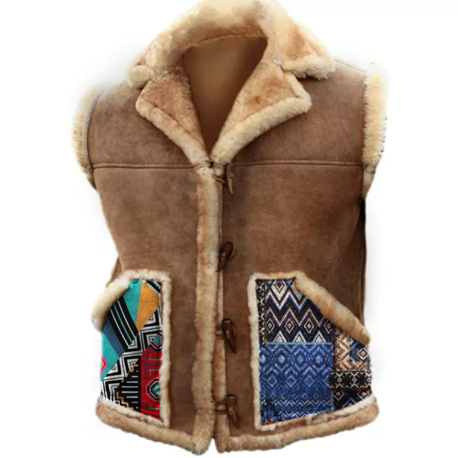 

Men's Outdoor Ethnic Fleece Warm Pocket Button Sheepskin Gilet