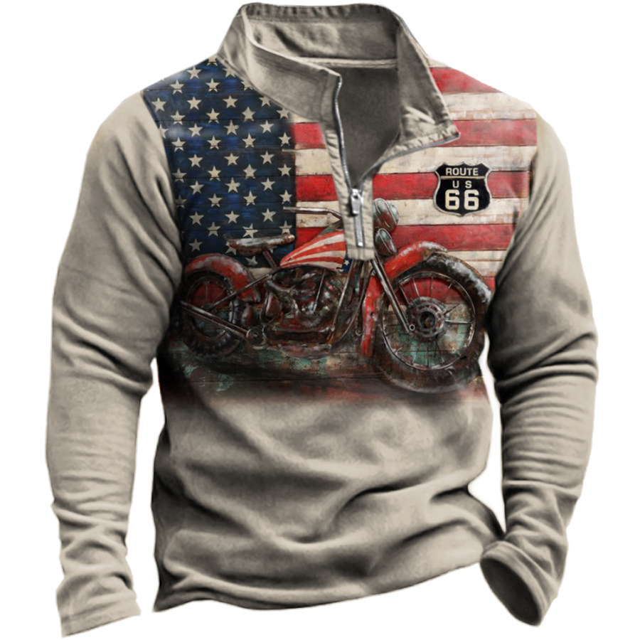 

Men's Vintage America Flag Route 66 Print Stand Collar Sweatshirt