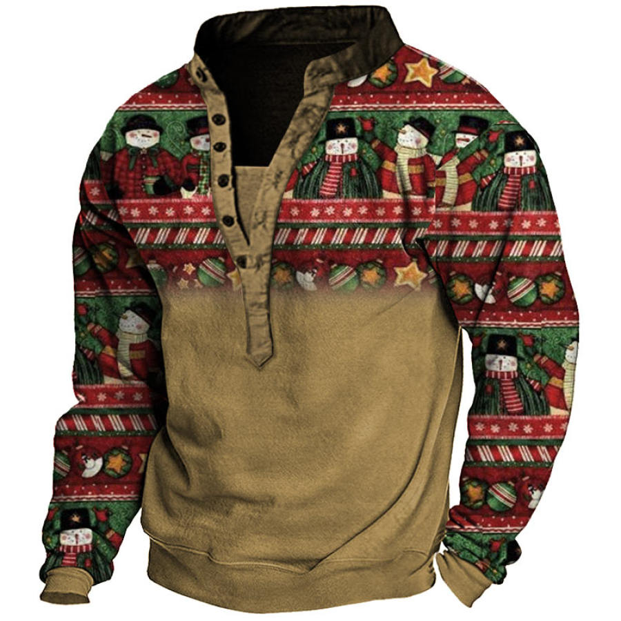 

Men's Vintage Striped Contrast Christmas Print Henley Sweatshirt