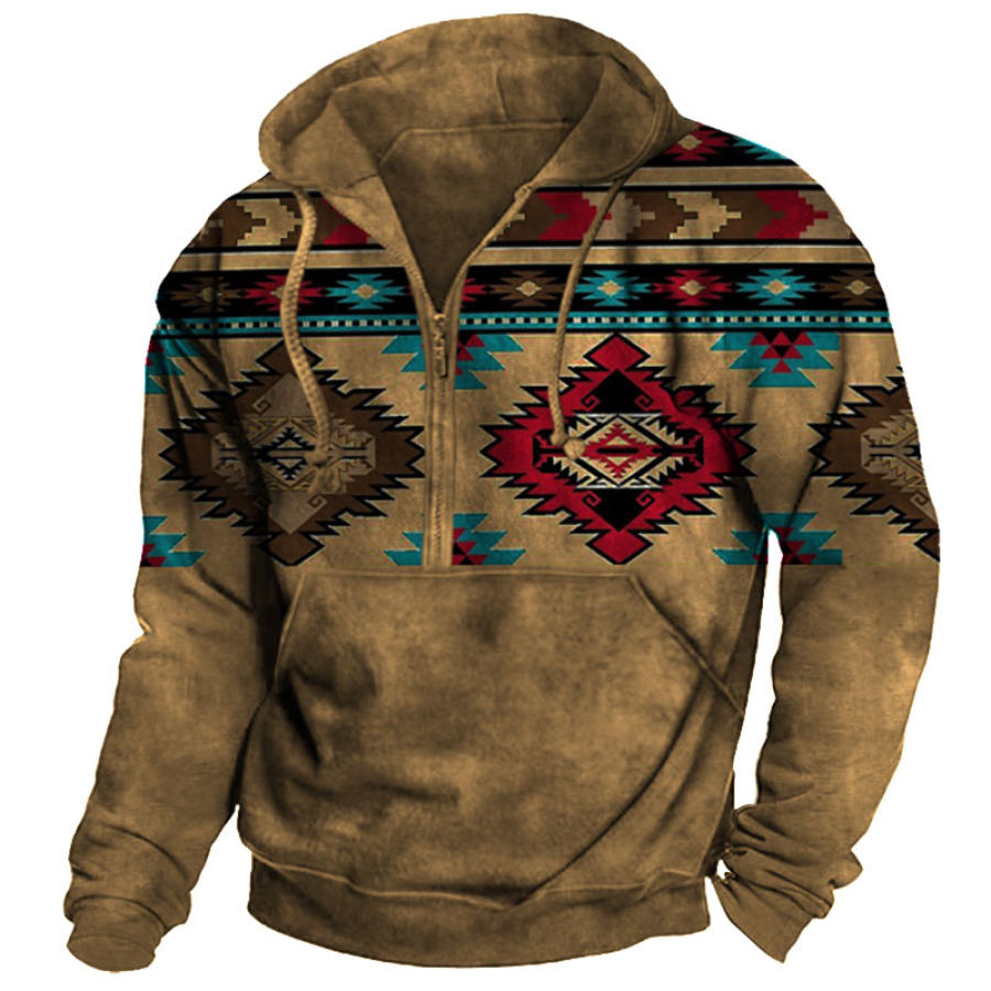 

Herren Vintage Ethnic Print Pocket Half Zip Hoodie