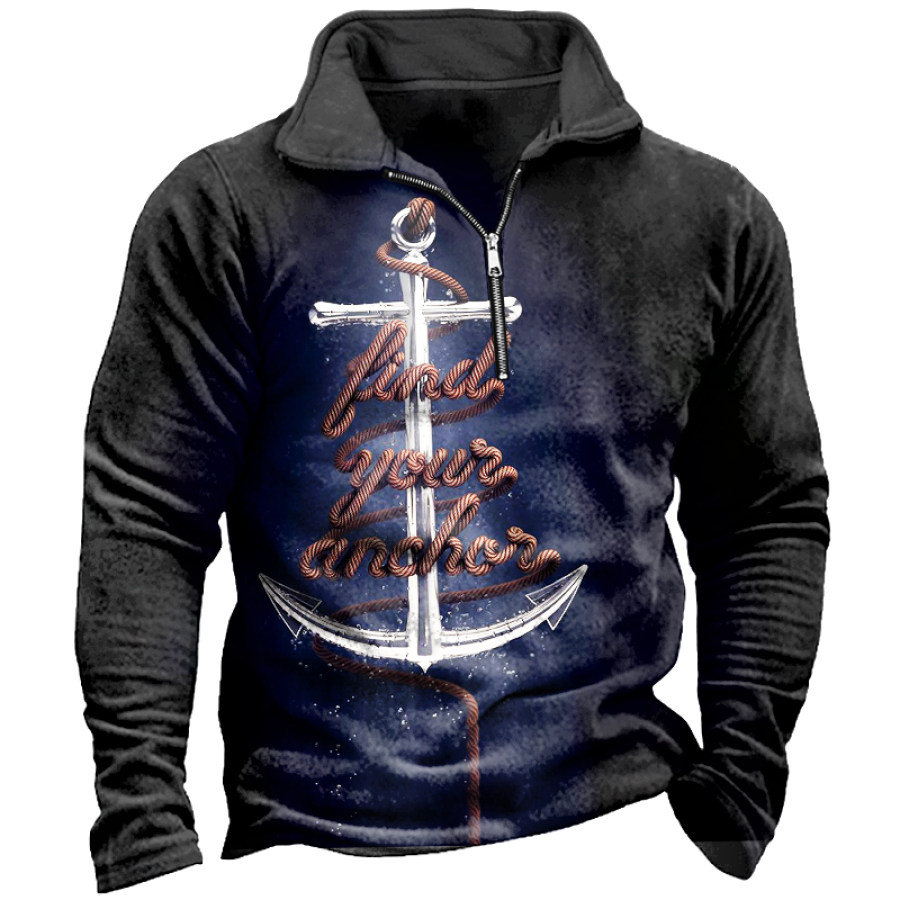 

Men's Vintage Nautical Anchor Zip Turtleneck Sweatshirt