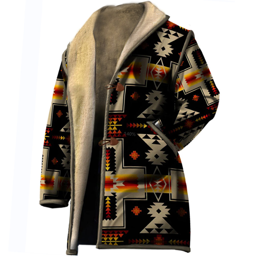 

Men's Vintage Ethnic Print Fleece Coat