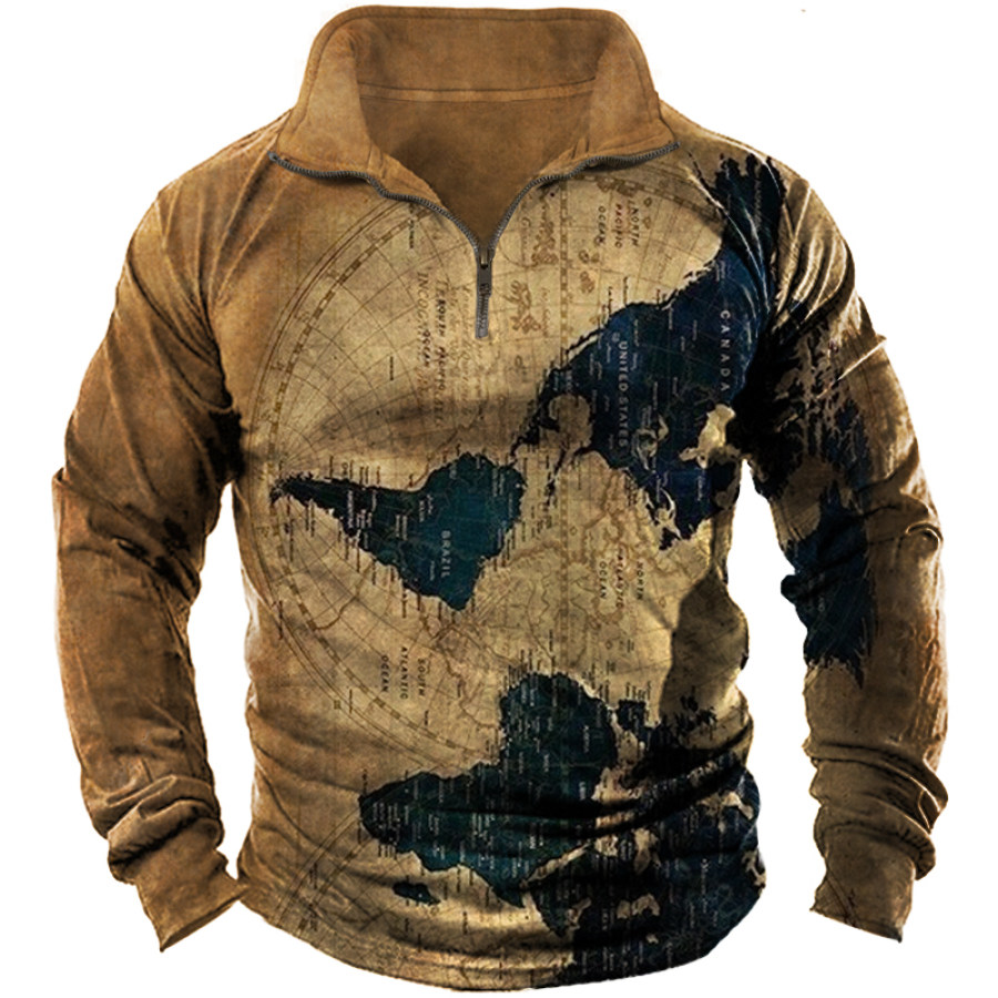 

Men's Vintage Nautical Map Print Zip Turtleneck Sweatshirt