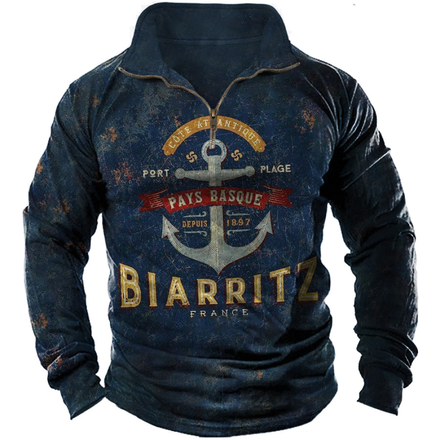 

Men's Vintage Anchor Nautical Zip Turtleneck Sweatshirt