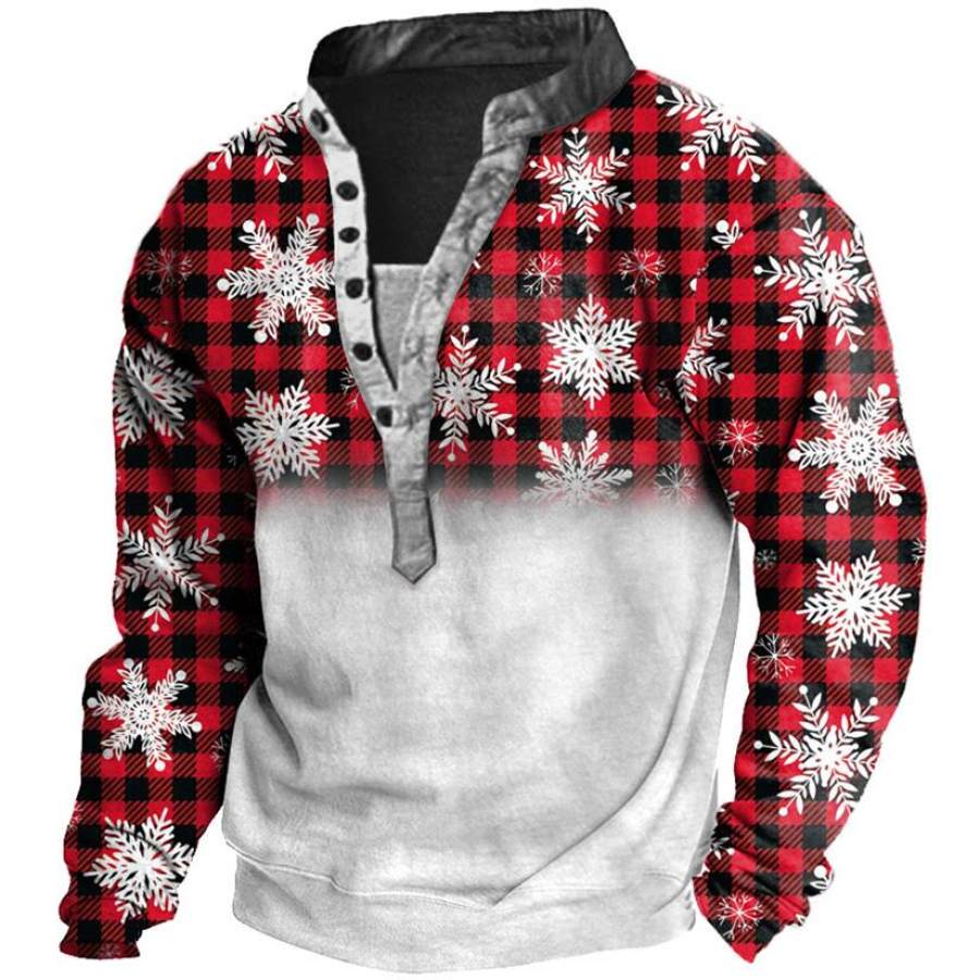 

Men's Christmas Snowflake Plaid Print Henley Sweatshirt