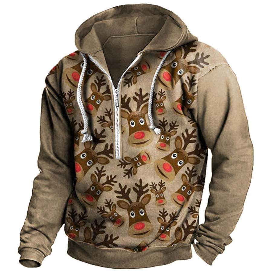 

Men's Christmas Elk Print Half-Zip Hoodie