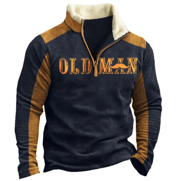 Men's Vintage Colorblock Old Man Stand Collar Quarter Zip Sweatshirt