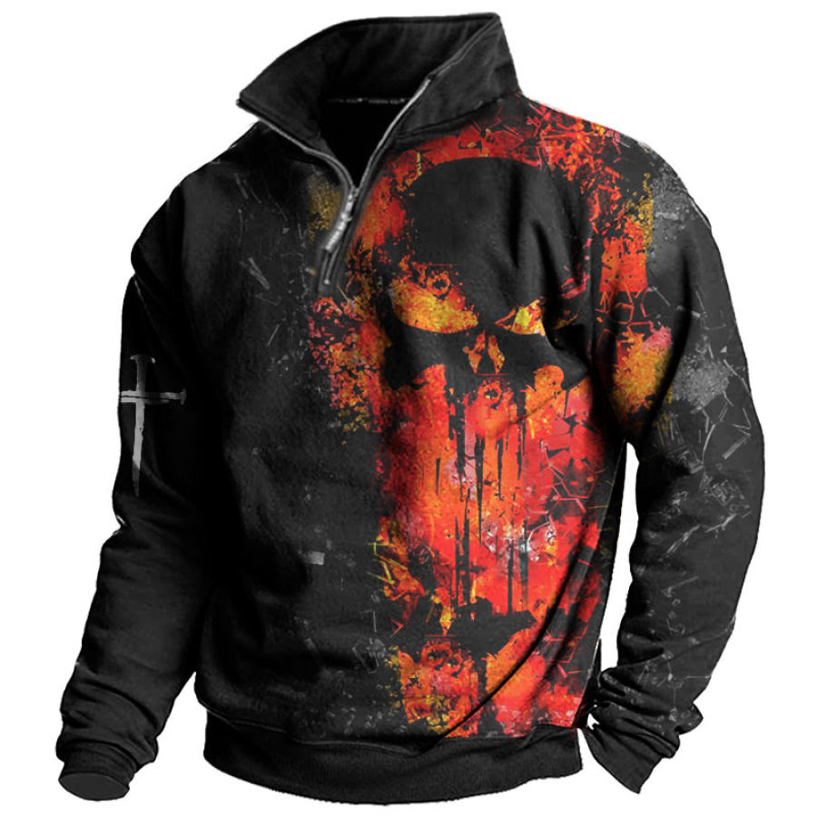 

Men's Vintage Skull Flame Print Quarter Zip Sweatshirt