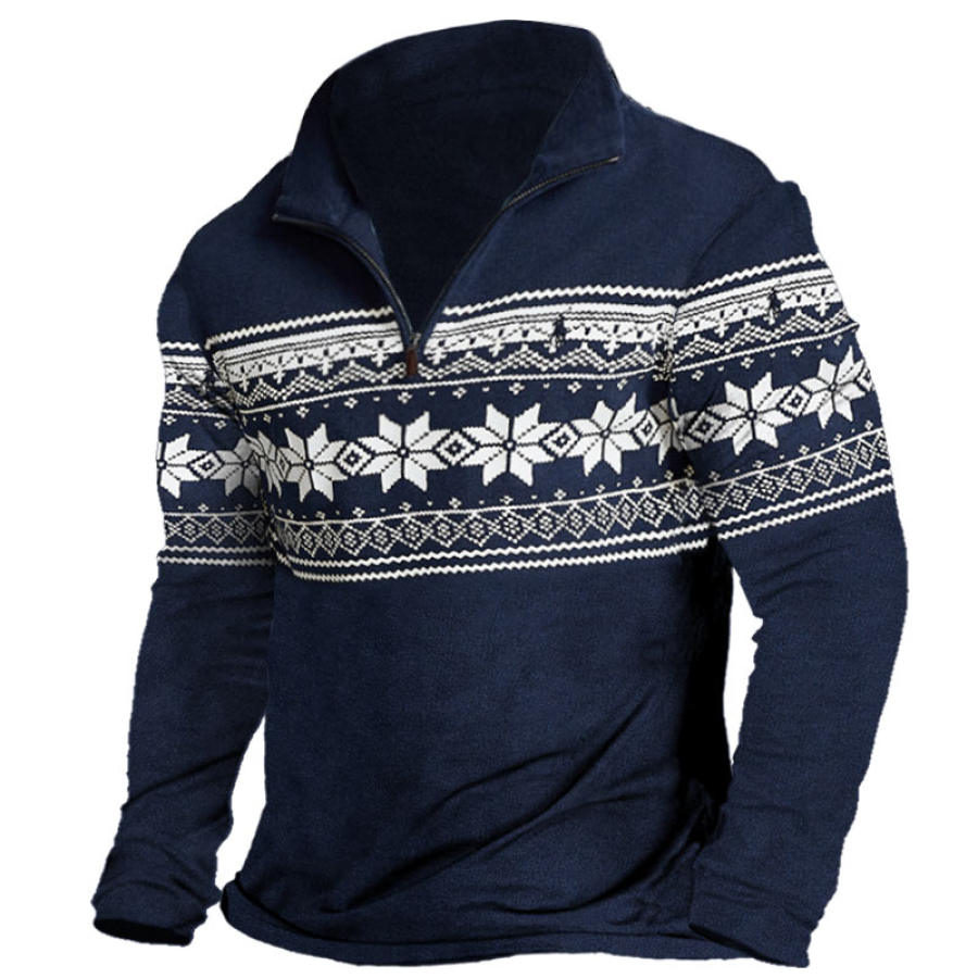 

Men's Retro Christmas Ethnic Print Quarter Zip Tee