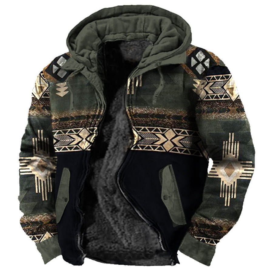 

Men's Vintage Ethnic Print Fleece Lined Thermal Hooded Jacket