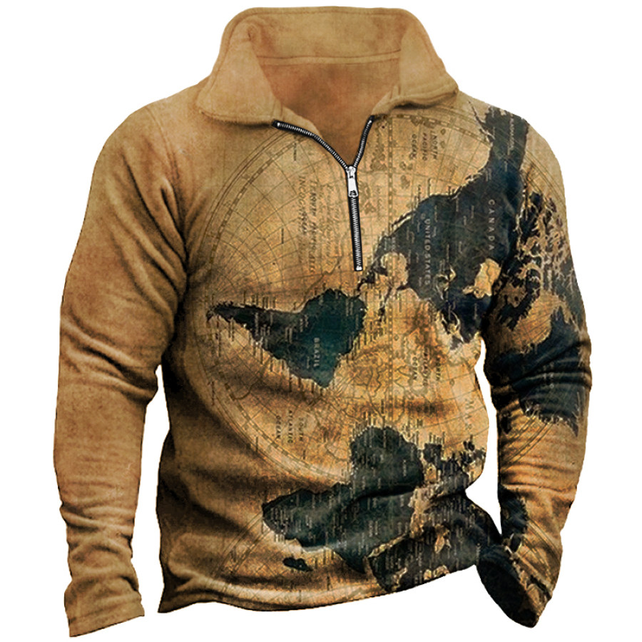 

Men's Vintage Nautical Map Print Zip Turtleneck Sweatshirt