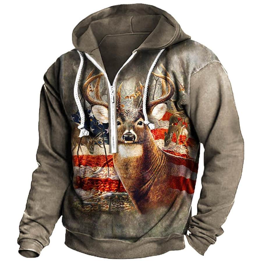 

Men's American Flag Deer Print Half Zip Hoodie