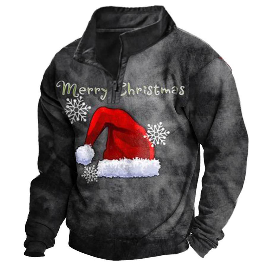 

Men's Merry Christmas Hat Snowflake Print Quarter Zip Sweatshirt