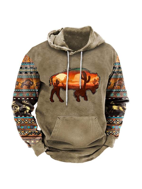 Men's Ethnic Geometric Western Buffalo Print Hoodie