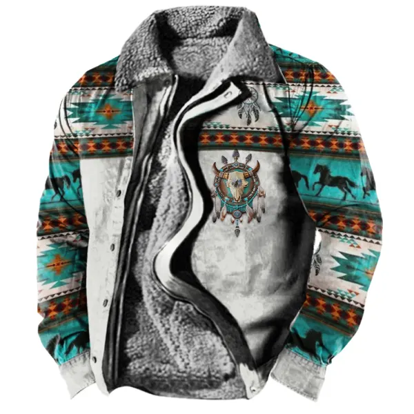 Men's Vintage Western Region Printed Fleece Warm Jacket - Mosaicnew.com 