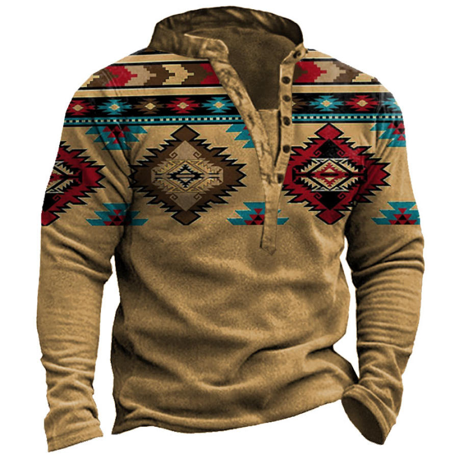 

Men's Vintage Ethnic Print Henley Sweatshirt