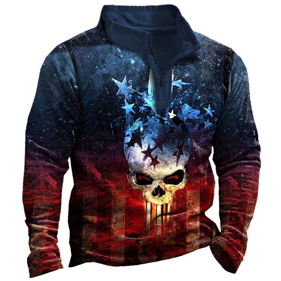 

Men's Vintage Stripe American Flag Skull Print Quarter Zip Sweatshirt