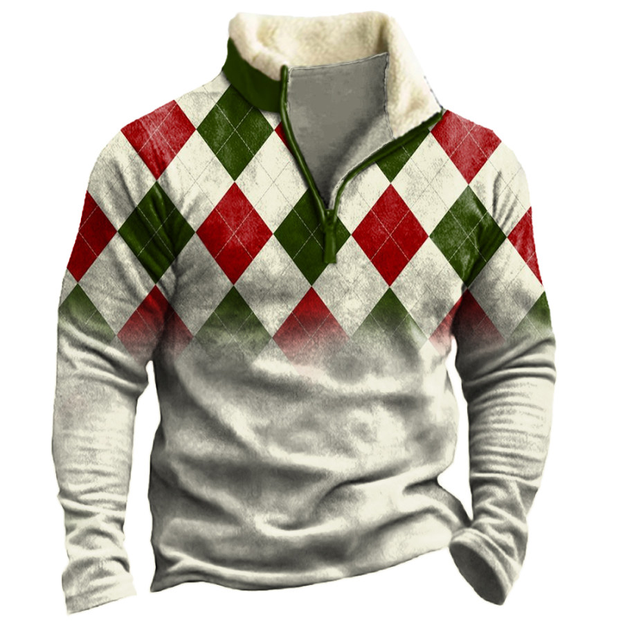 

Men's Vintage Christmas Plaid Print Zipper Neck Sweatshirt