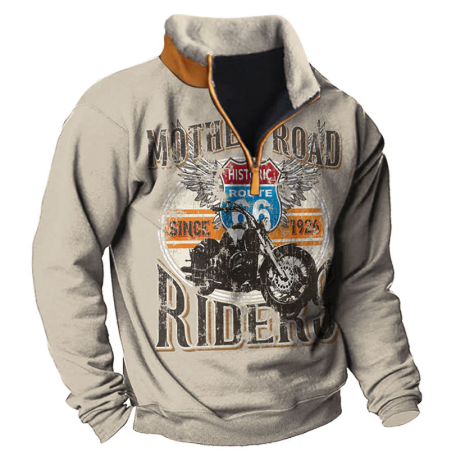 

Men's Outdoor Route 66 Motorcycle Print Quarter Zip Polar Fleece Stand Collar Sweatshirt