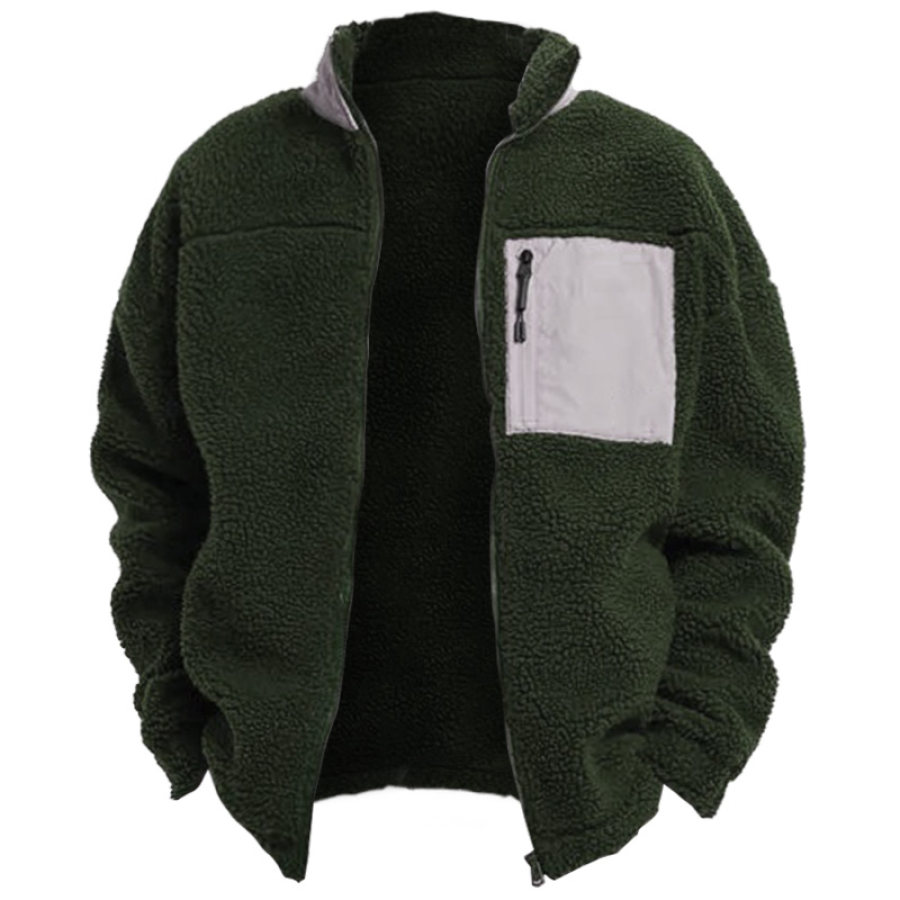 

Men's Outdoor Color Contrast Panel Zipper Pocket Fleece Thermal Jacket