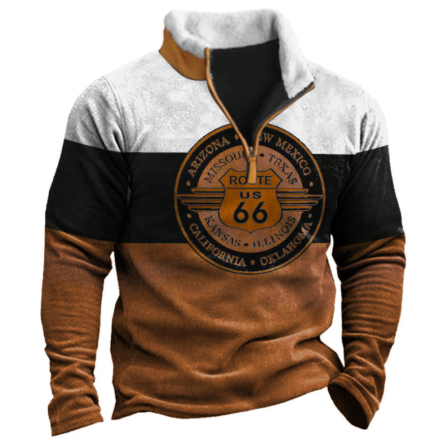 

Men's Outdoor Route 66 Printed Quarter Zip Fleece Panel Stand Collar Sweatshirt
